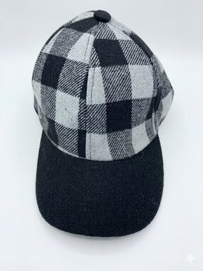 Wool Blend Buffalo Plaid Baseball Cap Gray Black Checker Adjustable Hat